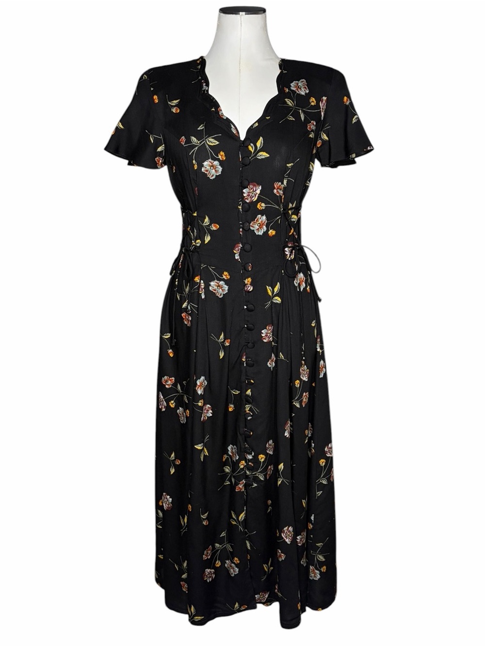 Vintage Basic Editions Black Floral Lace Up Maxi Dress